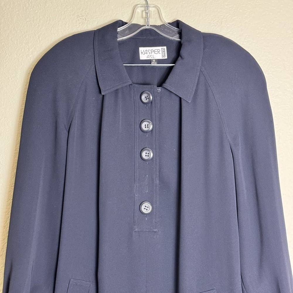 Kasper Women's Dress Navy Size 10 Long Sleeve Shoulder Pads Shoulder Pads *READ - Picture 2 of 9